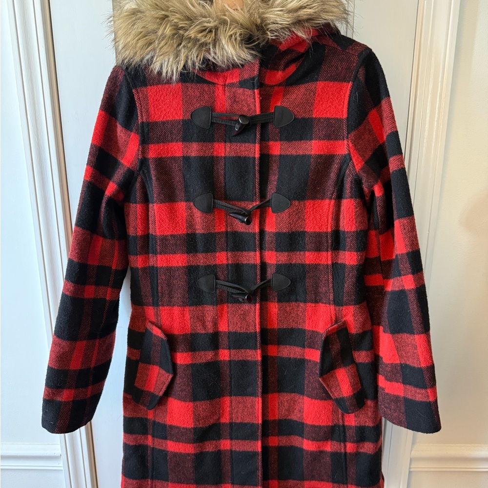 L.L. Bean Red and Black Plaid Wool Parka with Faux Fur Hood